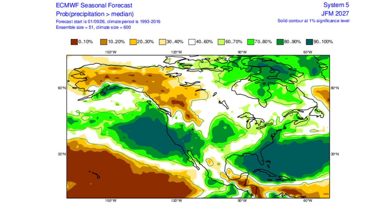 ECMWF seasonal forecast charts showing probabilities of precip exceeding climatological means for 3 month periods.