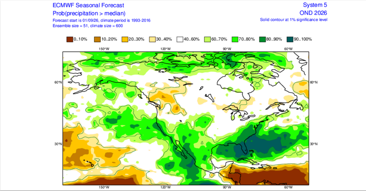ECMWF seasonal forecast charts showing probabilities of precip exceeding climatological means for 3 month periods.